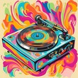 © Suyono - Colorful turntable spinning vinyl, vibrant paint splash background, music art
