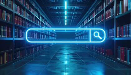 Poster - Digital search interface overlaid on a modern library aisle filled with books and illuminated by soft blue lighting