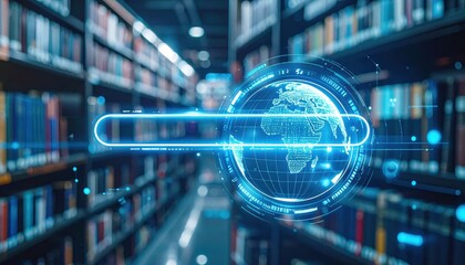 Poster - Digital globe with search bar overlay against a blurred library background filled with bookshelves and books