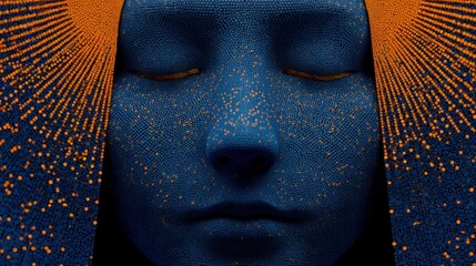 Aufkleber - Woman's face adorned with striking blue and orange patterns in a glowing digital art style on a flat background
