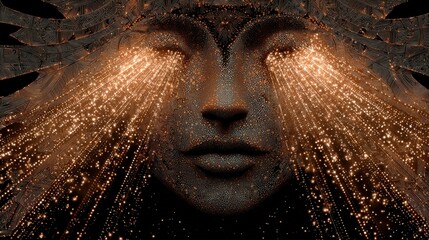 Poster - Radiant woman?s face illuminated by bright light emanating from her eyes, surrounded by digital dots for artistic impact