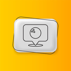 Poster - Black Map pointer with bowling ball icon isolated on yellow background. Sport equipment. Silver rectangle button. Vector