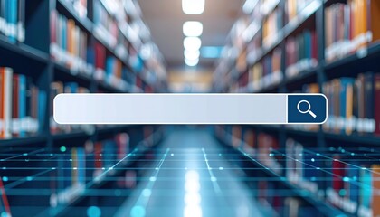 Poster - Digital search bar overlay in a library setting with blurred bookshelves, symbolizing online research and digital access to information