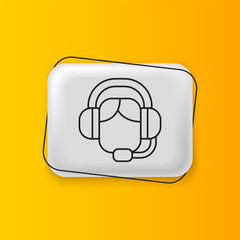 Poster - Black Woman with a headset icon isolated on yellow background. Support operator in touch. Concept for call center, client support service. Silver rectangle button. Vector