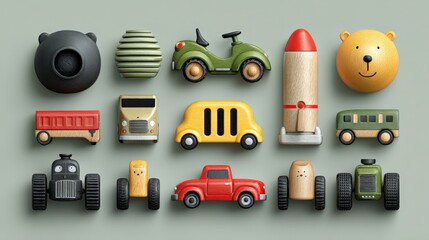 Poster - Diverse collection of toys including cars, bears, and puzzles arranged in a circular pattern on a clean surface