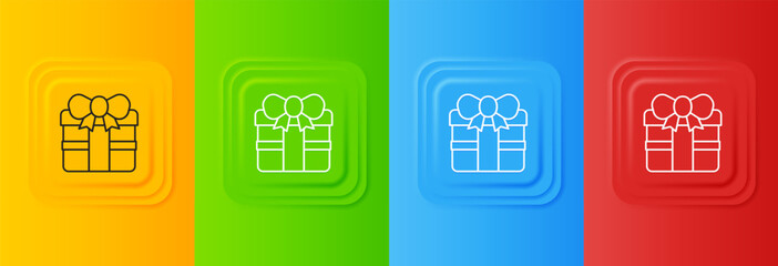Poster - White Gift box icon isolated on colorful background. Happy Birthday. Set icons in square buttons. Vector