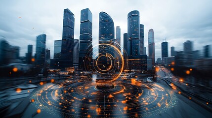 Poster - Futuristic city skyline with a glowing orb