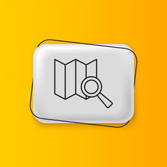 Poster - Black Search location icon isolated on yellow background. Magnifying glass with pointer sign. Silver rectangle button. Vector