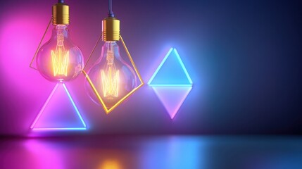 Fototapete - Illuminated light bulbs with modern triangle geometric elements on dark backdrop