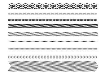 A collection of vector chain and stitch line illustrations useful for fashion technical drawings, accessory design, textile pattern development, and graphic decoration.
