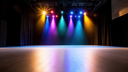 Fototapete - Motion blur of colorful spotlights casting light on empty stage, energetic and joyful ambiance