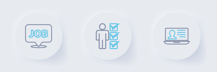 Poster - Set line Laptop with resume, User of man in business suit and Speech bubble job icon. Vector