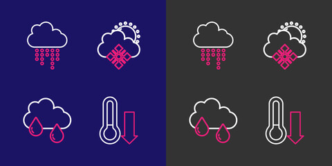 Poster - Set line Meteorology thermometer, Cloud with rain, snow and sun and icon. Vector