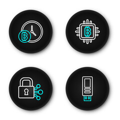 Poster - Set line USB flash drive, Lock with bitcoin, CPU mining farm and Bitcoin clock icon. Vector