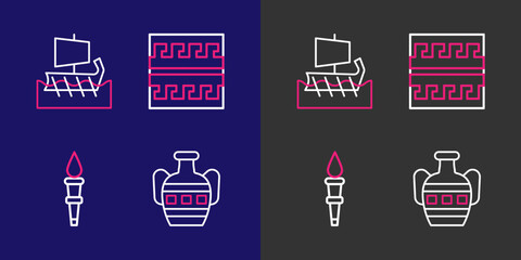 Poster - Set line Ancient amphorae, Torch flame, Greek pattern and trireme icon. Vector
