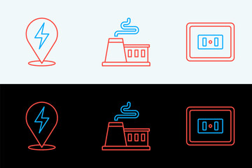 Poster - Set line Electrical outlet, Lightning bolt and Factory icon. Vector