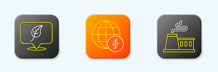 Poster - Set line Location with leaf, Global energy power planet and Factory icon. Vector