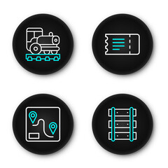 Poster - Set line Railway, railroad track, Route location, Train ticket and Vintage locomotive icon. Vector