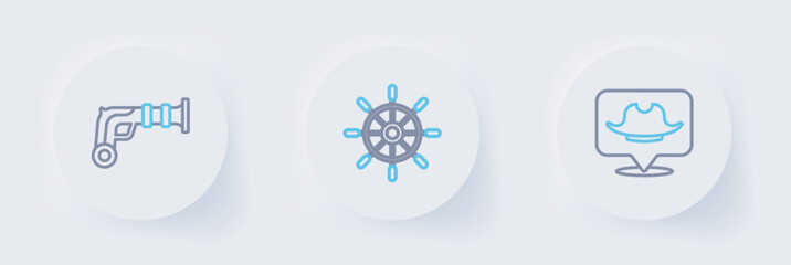 Poster - Set line Location pirate, Ship steering wheel and Vintage pistols icon. Vector
