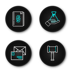 Poster - set line judge gavel, envelope, bribe money bag and law book icon. vector