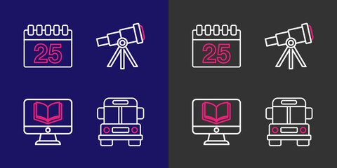 Poster - set line school bus, online class, telescope and calendar icon. vector