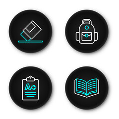Poster - set line open book, exam sheet with a plus grade, school backpack and eraser or rubber icon. vector