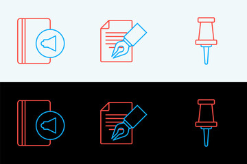 Poster - Set line Push pin, Audio book and Exam sheet and pencil icon. Vector
