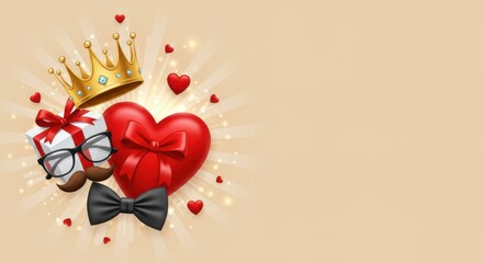 Poster - Illustration of a crown, heart, gift, glasses, mustache, bow tie and hearts on a light background
