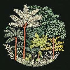 Tropical foliage circle, lush jungle plants, dark background, nature design, decor