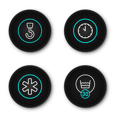 Poster - Set line Temperature wash, Medical symbol of the Emergency, Clock and Industrial hook icon. Vector