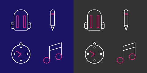 Poster - Set line Music note, tone, Clock, Pencil with eraser and School backpack icon. Vector