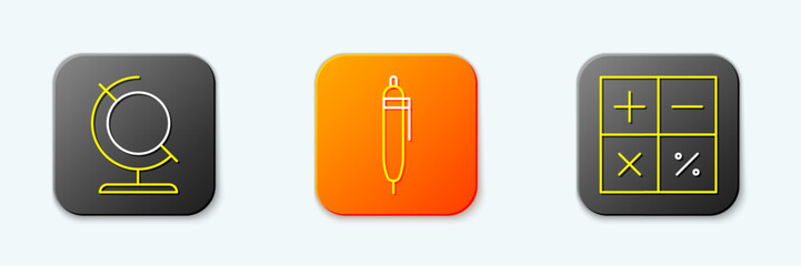 Poster - set line earth globe, pen and calculator icon. vector
