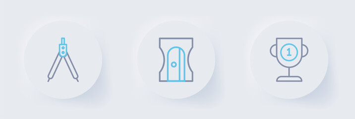 Poster - Set line Award cup, Pencil sharpener and Drawing compass icon. Vector