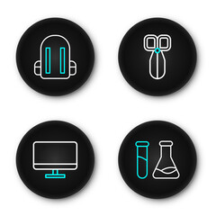 Poster - Set line Test tube and flask, Computer monitor screen, Scissors and School backpack icon. Vector