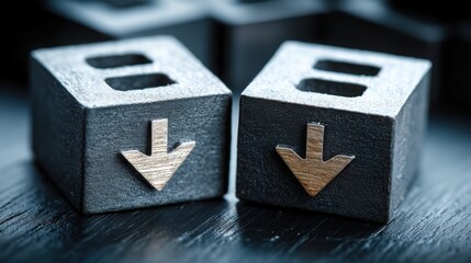 Poster - two wooden blocks positioned with a metal arrow indicating price movement in financial markets and t