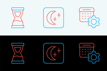 Poster - Set line Calendar settings, Old hourglass and Moon and stars icon. Vector