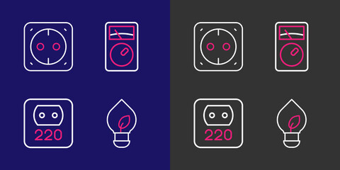 Poster - Set line Light bulb with leaf, Electrical outlet, Ampere meter, multimeter and icon. Vector