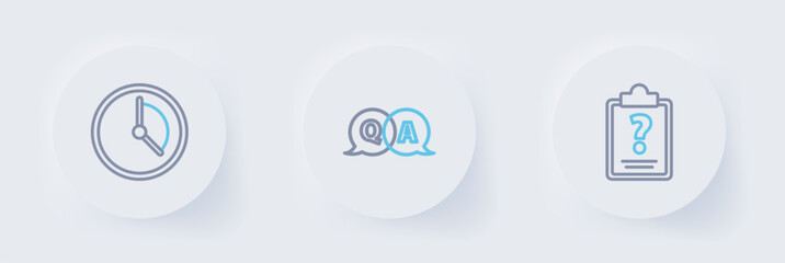 Poster - Set line Clipboard with question marks, Question and Answer and Time Management icon. Vector