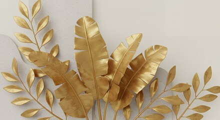 Poster - Elegant gold-colored botanical wall decor featuring lush banana leaves and delicate foliage, showcasing a luxurious and decorative interior design element.