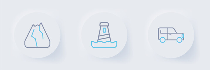 Poster - Set line Car, Lighthouse and Mountains icon. Vector