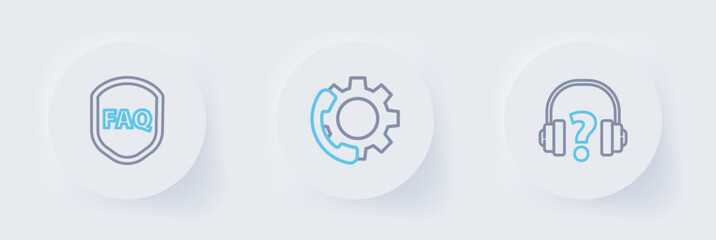 Poster - Set line Headphones, Telephone 24 hours support and Shield with text FAQ icon. Vector