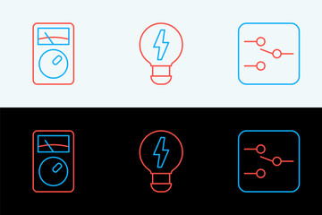Poster - Set line Switch in electronic circuit, Ampere meter, multimeter and Creative lamp light idea icon. Vector