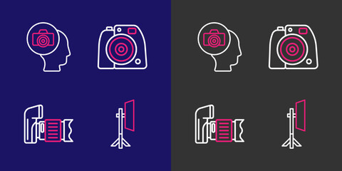 Poster - Set line Studio light bulb in softbox, Photo camera, and icon. Vector