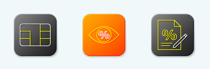 Poster - Set line Credit card with chip, Eye percent and Finance document icon. Vector