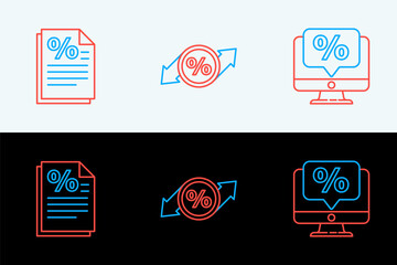 Poster - Set line Percent discount and monitor, Finance document and Discount percent tag icon. Vector