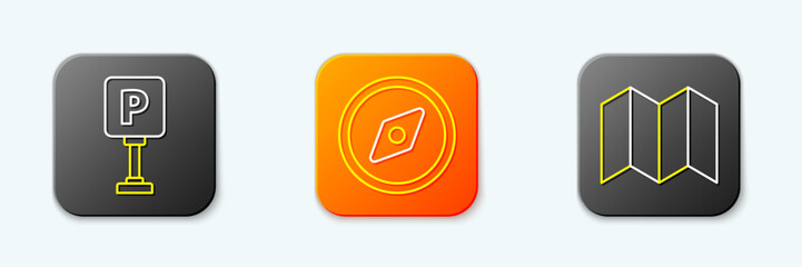 Poster - Set line Parking, Compass and Folded map icon. Vector