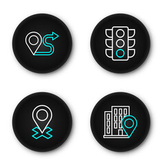 Poster - Set line Location with house, Traffic light and Route location icon. Vector