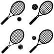 © MDARMAN - Four black and white vector illustrations of tennis racquets and tennis balls on a white background