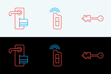 Poster - Set line Old key, Digital door lock and Car with remote icon. Vector