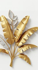 Poster - Golden metal banana leaves and stone-like leaves wall art decoration against a white background, modern interior design